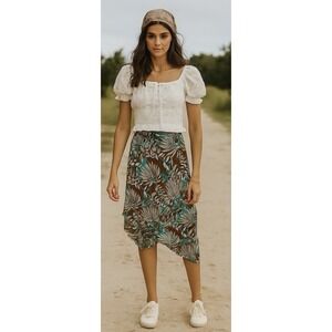 Vtg Blue Brown Leaf Chiffon Layred Asymm Pull on Midi Skirt Whimsigoth Y2K Art M